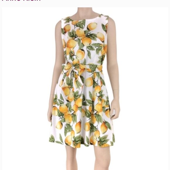 Anne Klein Dresses & Skirts - Anne Klein Lemon Print Sleeveless Fit & Flare Dress With Waist Tie Size 6 White/